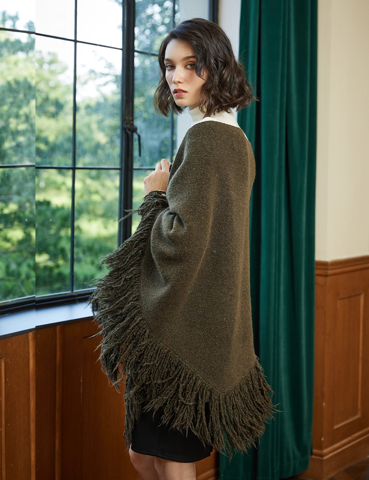 Wool blend knitted shawl with fringe detail - cozy blanket wrap for women