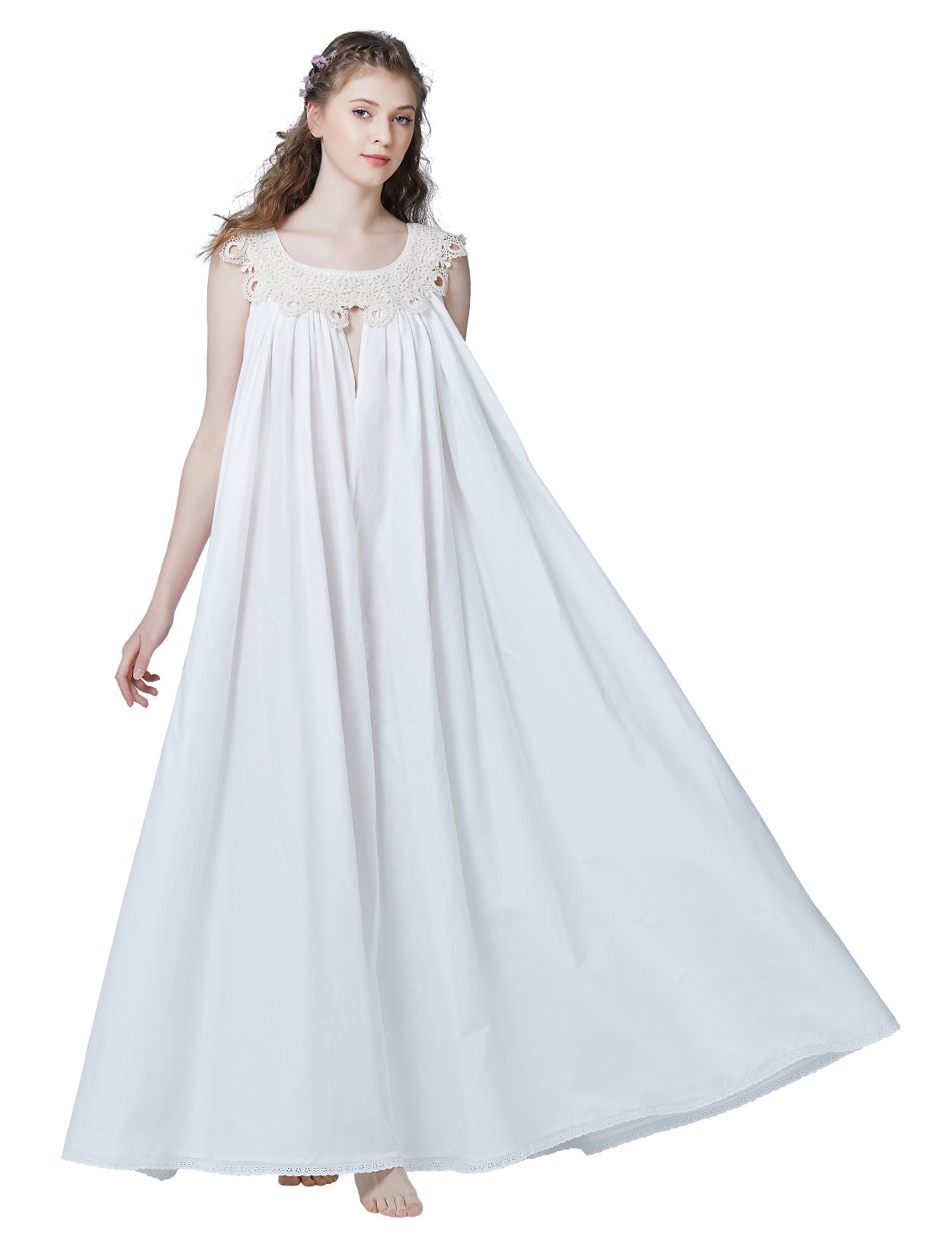 Victorian sleeveless cotton nightgown in white with elegant lace V-neck detail, full-length view