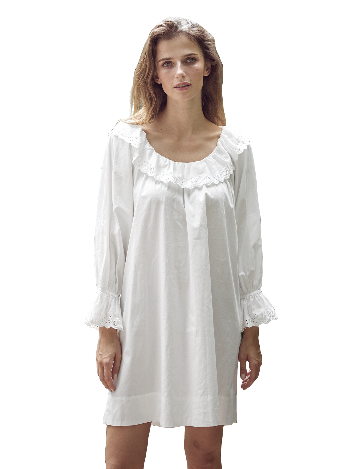 Off-white Victorian mini cotton nightdress with embroidered ruffles and bell sleeves, A-line fit, thigh-length