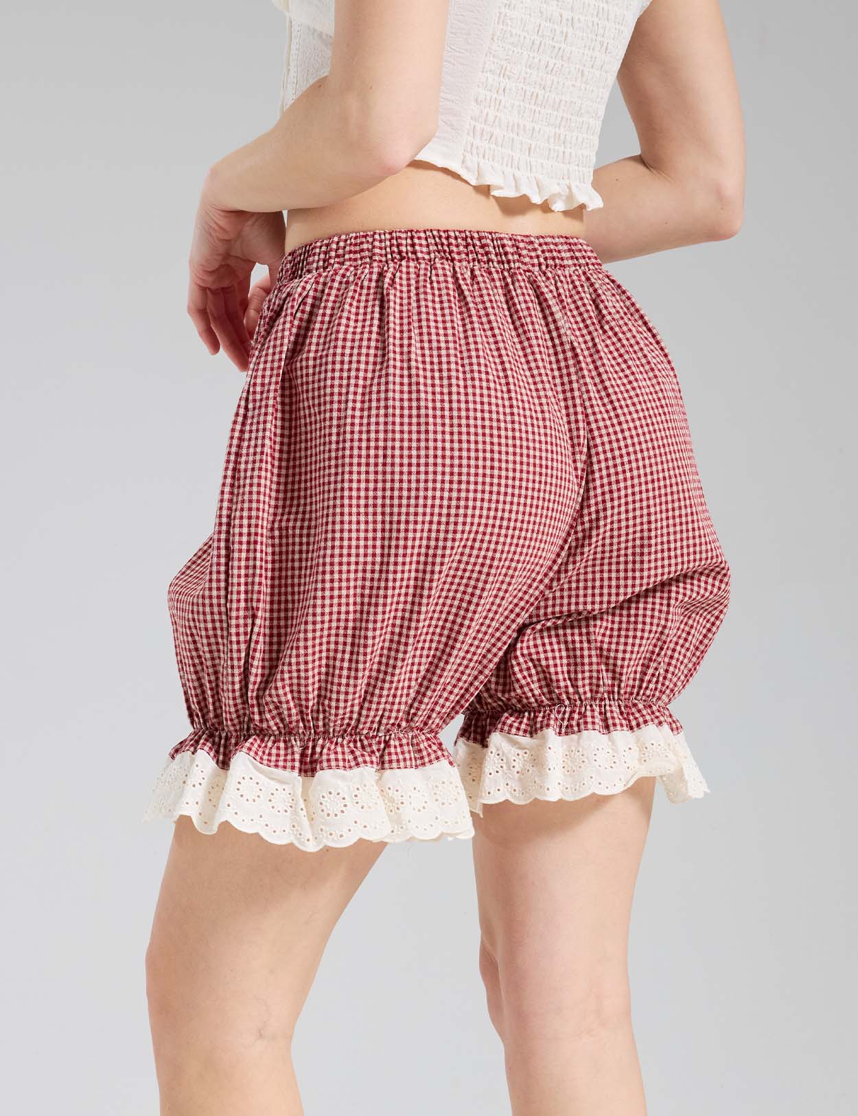 Detailed back view of Beautelicate Vintage Red Gingham bloomers highlighting cream eyelet lace ruffle cuffs