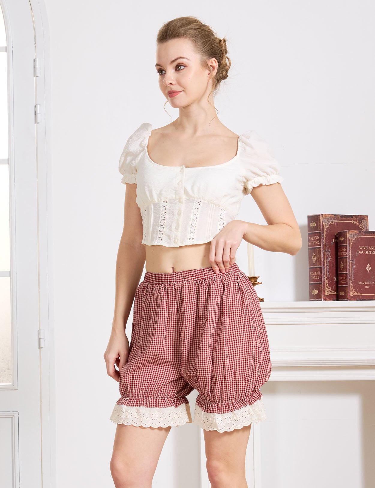Beautelicate Vintage Red Gingham 100% cotton bloomers with wide elastic waistband, front view, worn with ivory crop top