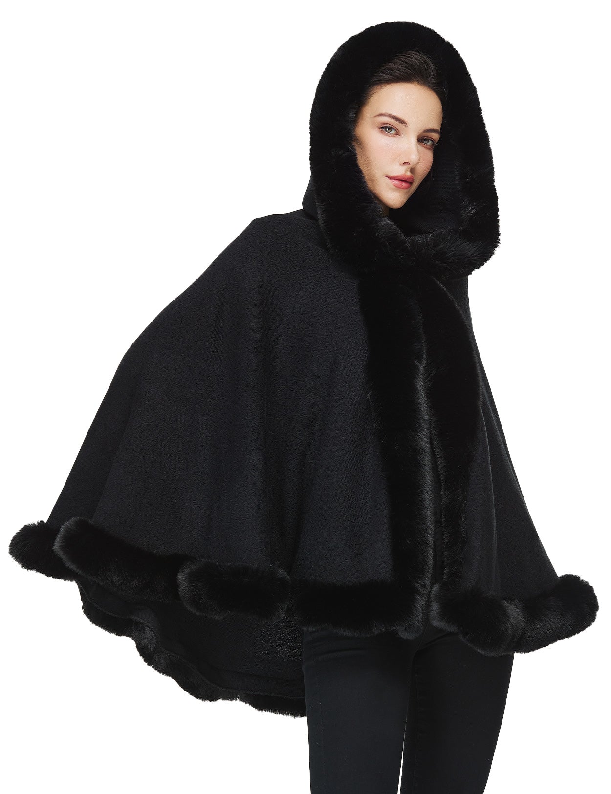 Women's faux fur poncho with hood showing elegant drape and texture