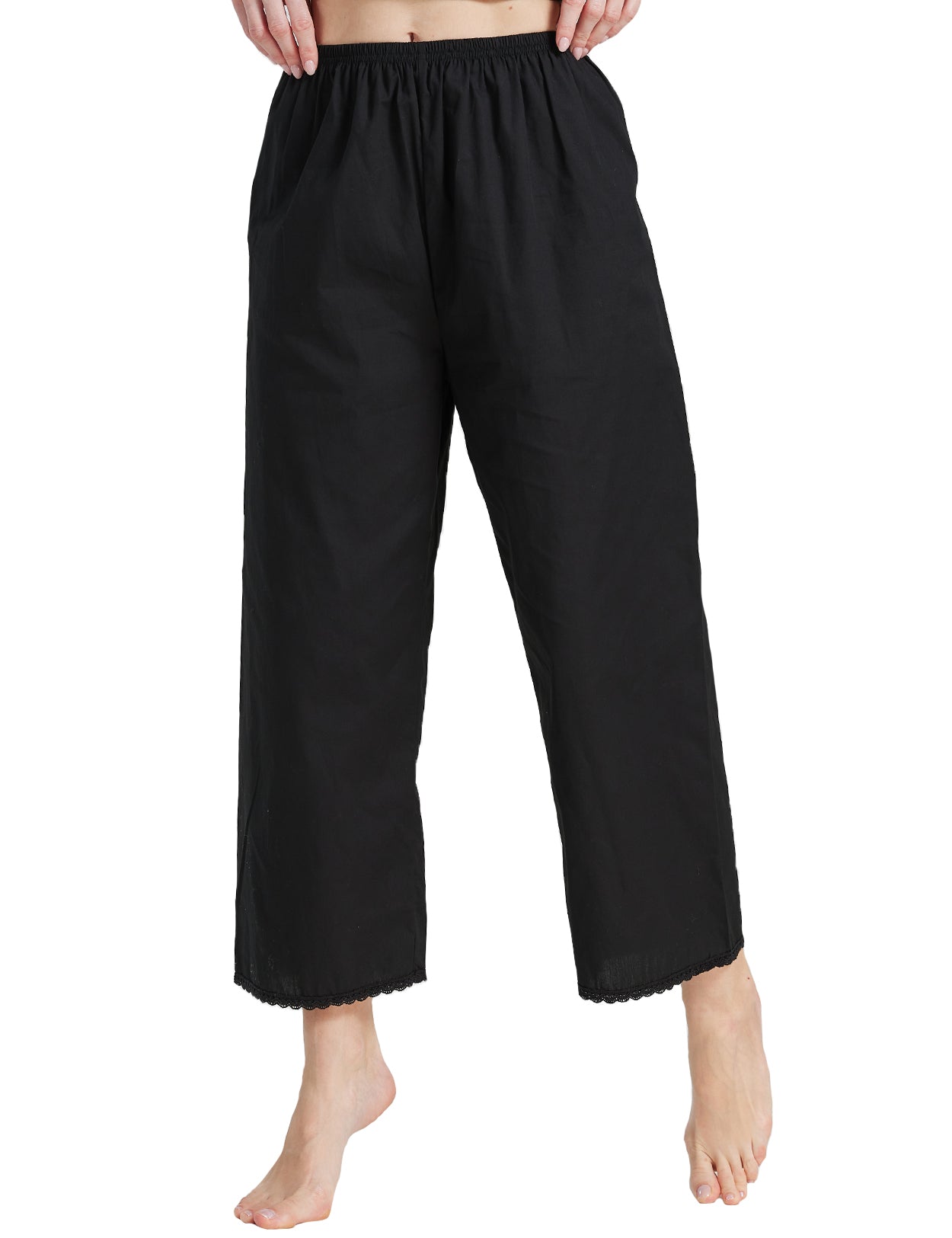 Women's long black cotton pettipants with delicate lace trim, loose comfortable fit