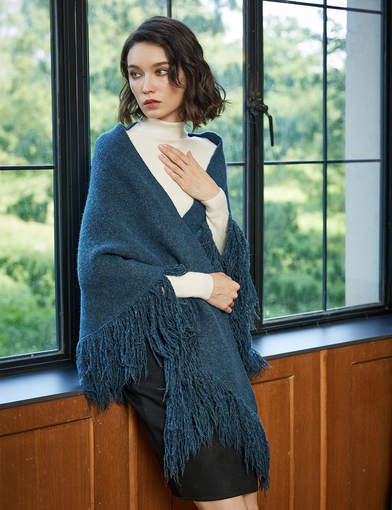 Wool blend knitted shawl with fringe detail - cozy blanket wrap for women