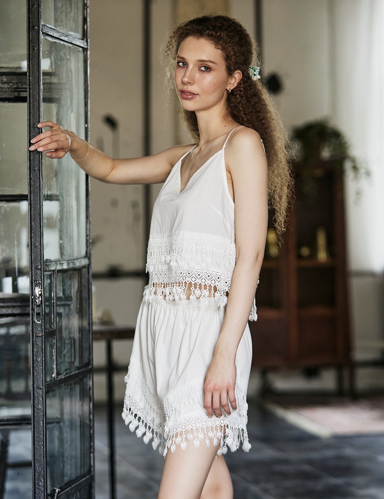 Women's white cotton boho shorts with fringe and lace trim