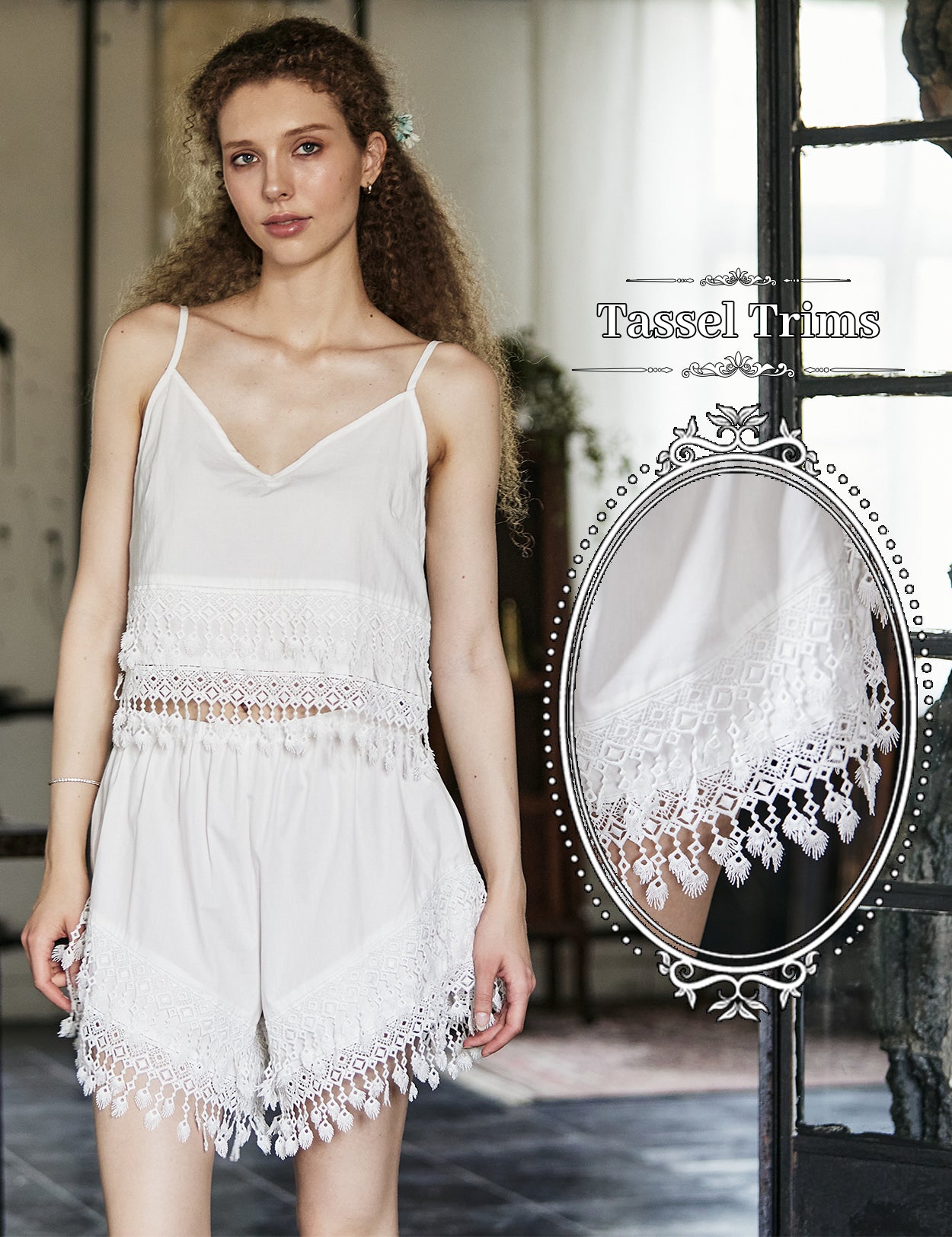 Women's white cotton boho shorts with fringe and lace trim