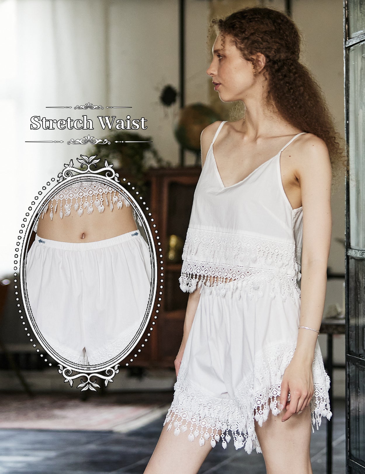 Women's white cotton boho shorts with fringe and lace trim