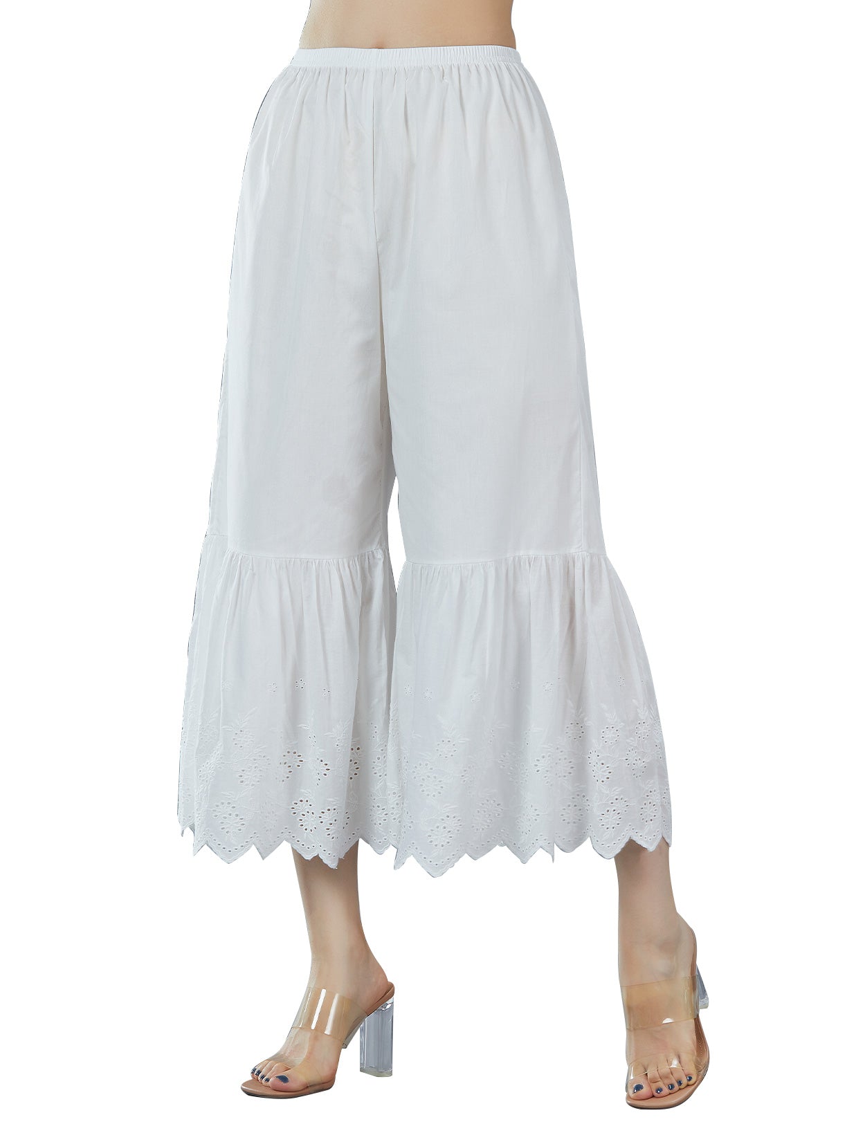 Cotton batiste wide leg underpants with lace trim in white, front view showing elastic waist and decorative lace details