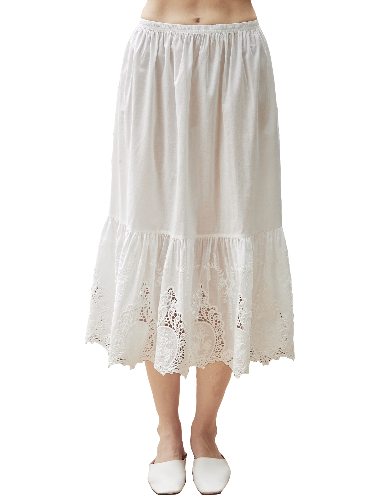 Ivory cotton slip with raised patterns and lace cutouts - front view