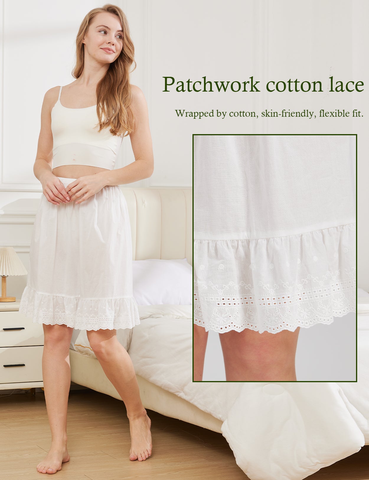 ivory vintage cotton half slip with elegant 5-inch lace trim, showing knee-length design - detail