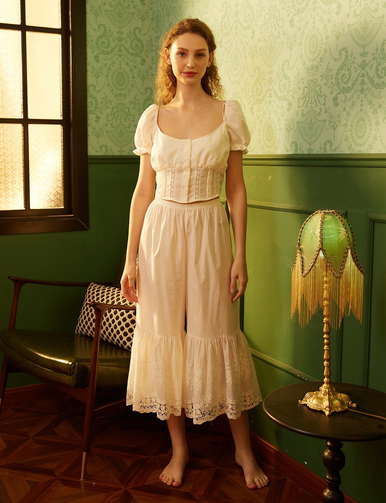 Vintage cotton lace pettipants for women with elastic waist and decorative lace hem