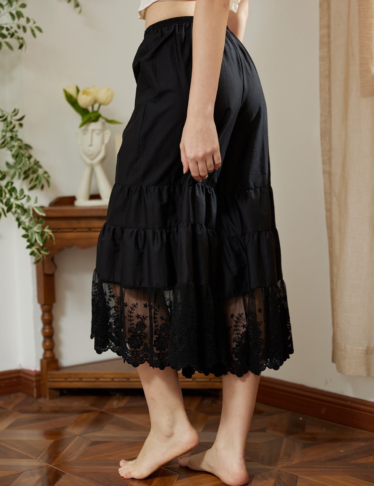 Back view of women's cotton batiste pettipants showing comfortable fit and lace detailing