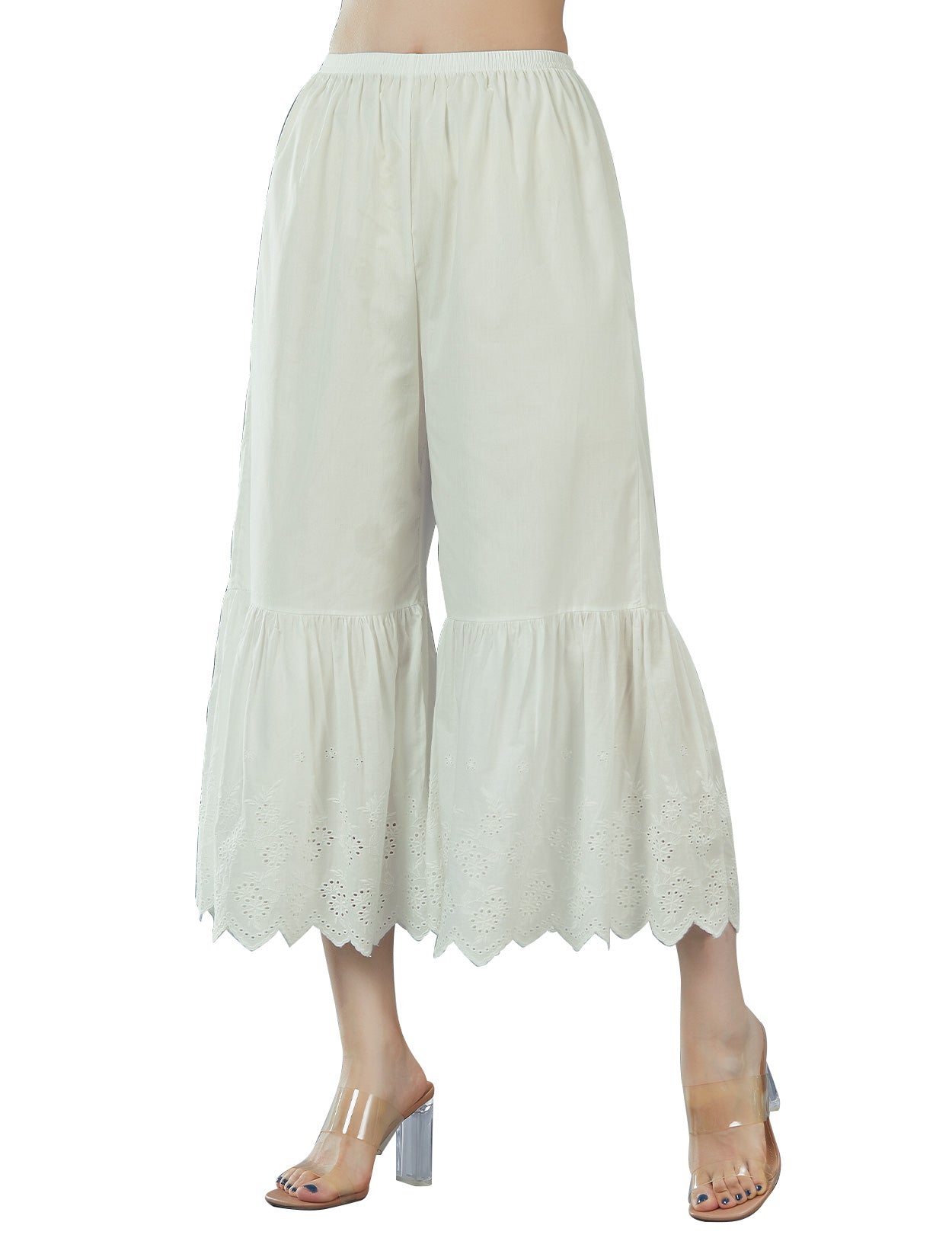 Cream cotton batiste wide leg underpants with lace trim, front view showing elegant design