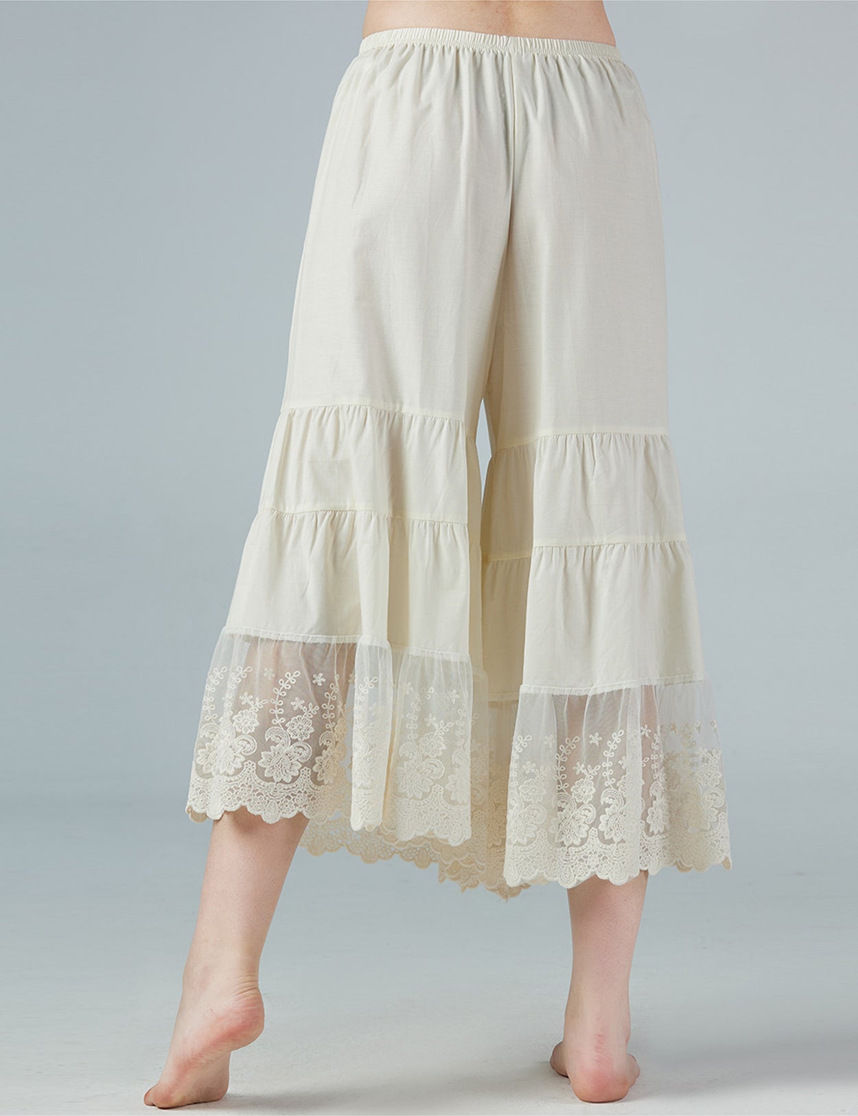 Back view of women's cotton batiste pettipants showing comfortable fit and lace detailing