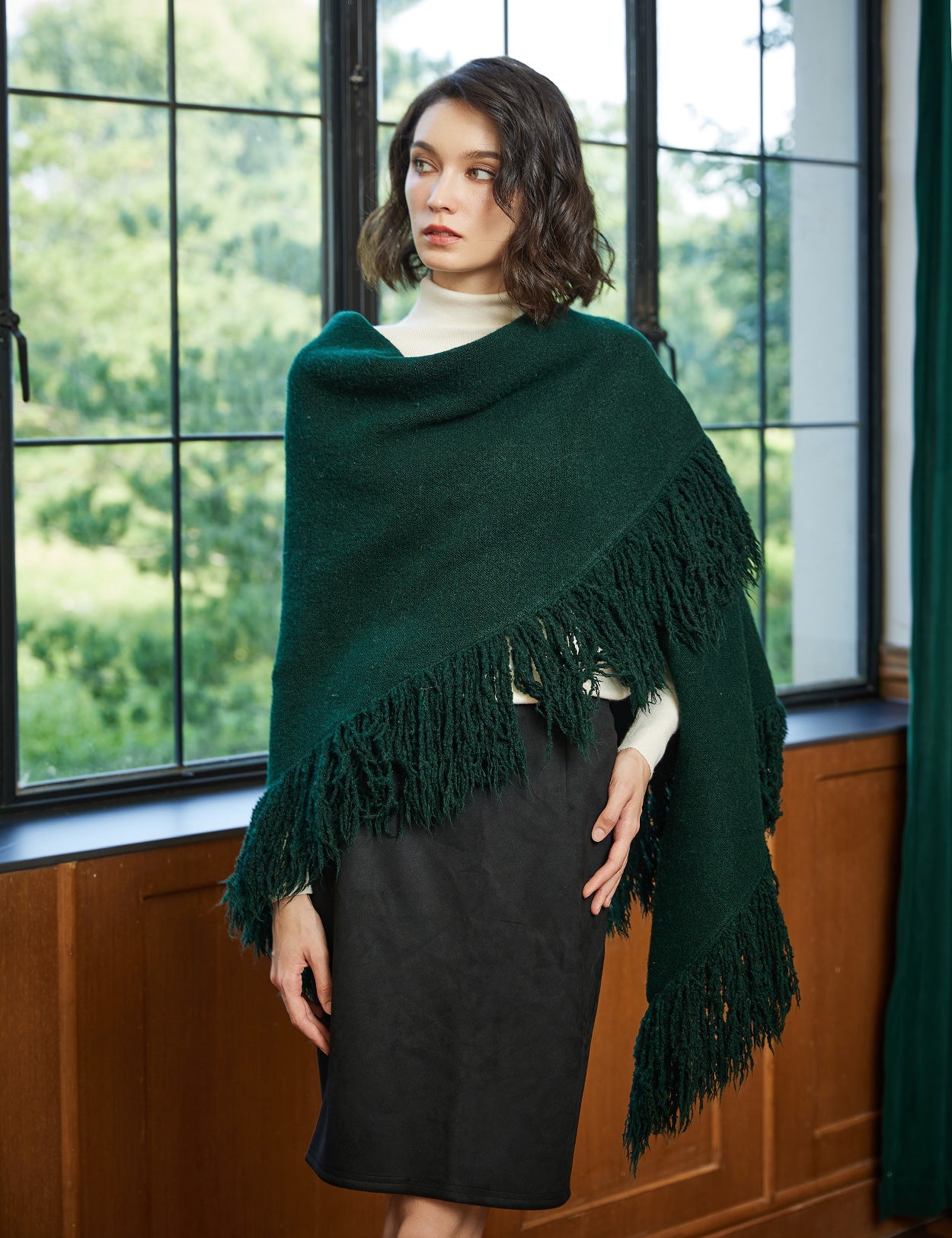 Wool blend knitted shawl with fringe detail - cozy blanket wrap for women