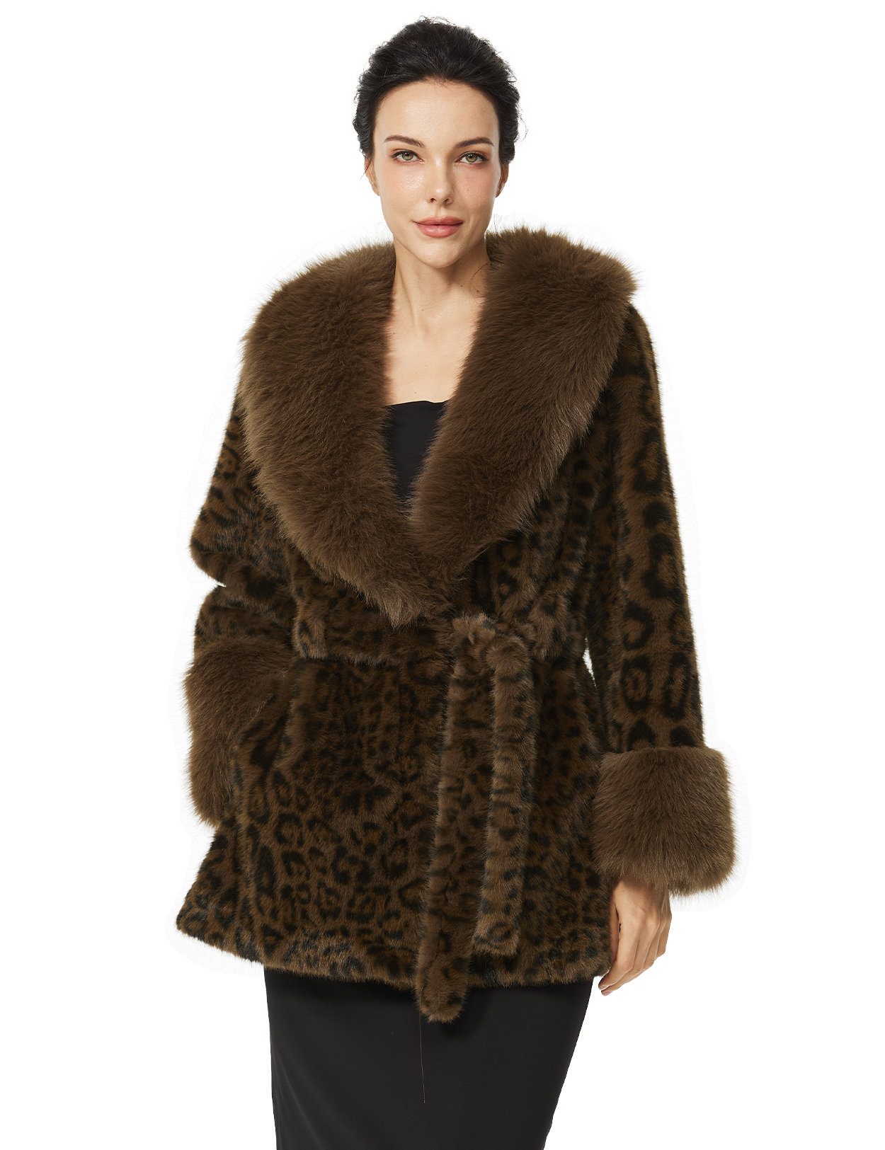 Women's Plush Faux Fur Leopard Print Coat with Belt