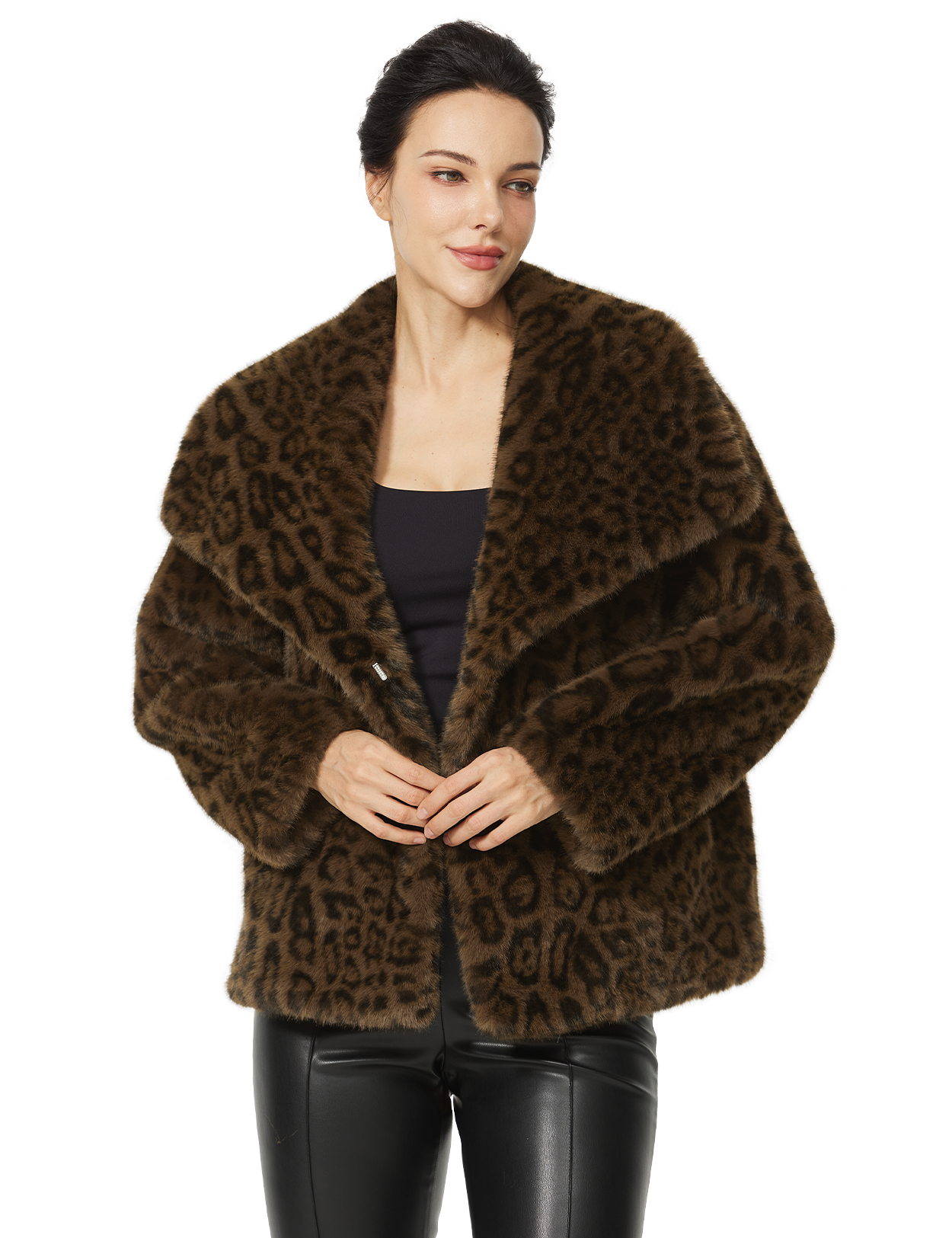 Leopard Faux Fur Cropped Coat - Fluffy Lapel Winter Jacket with Pockets