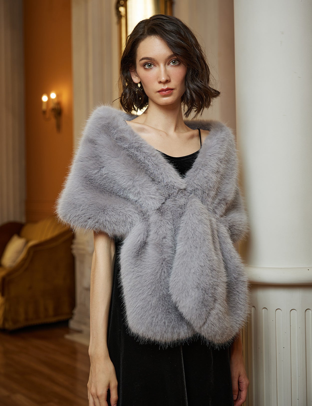 Elegant faux fur bridal shawl and wedding wrap for winter ceremonies