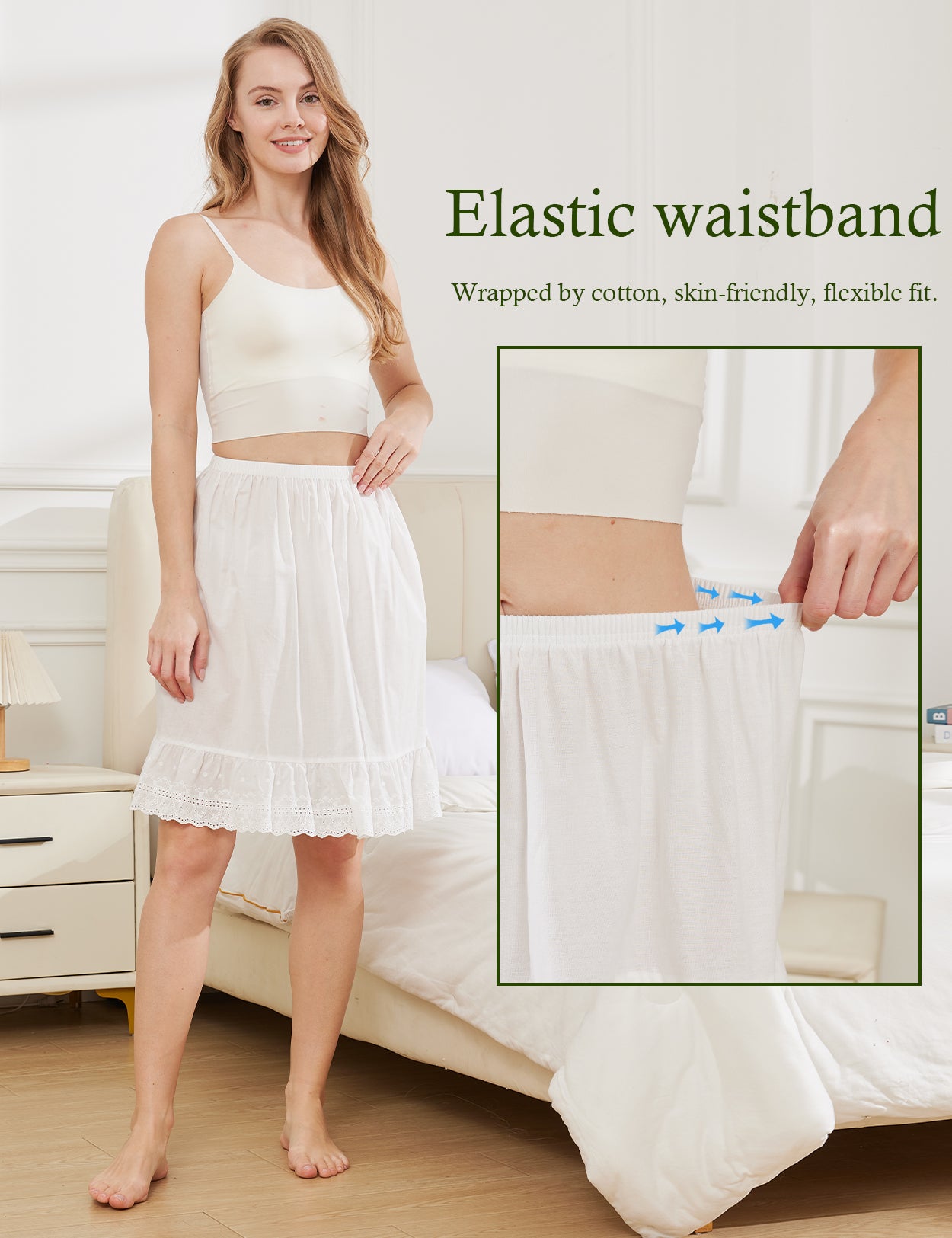 ivory vintage cotton half slip with elegant 5-inch lace trim, showing knee-length design - detail