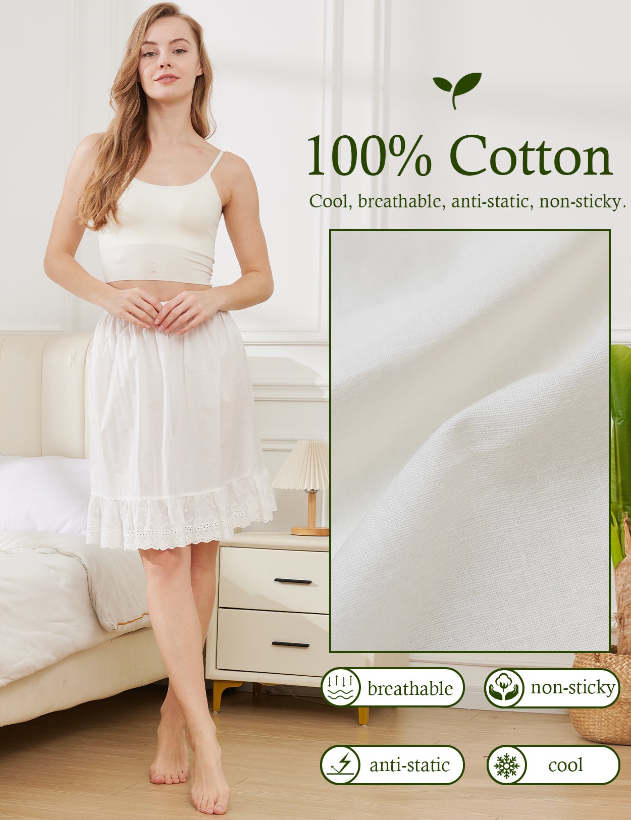 ivory vintage cotton half slip with elegant 5-inch lace trim, showing knee-length design - detail