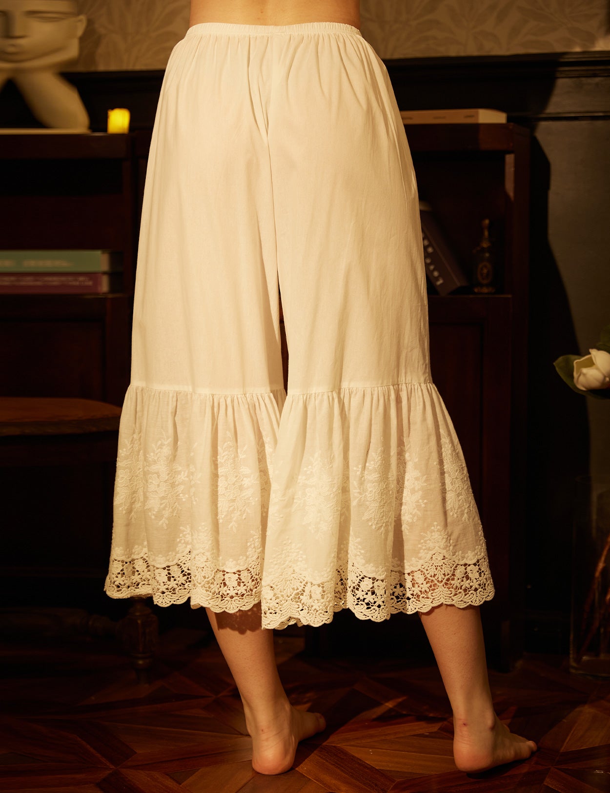 Vintage cotton lace pettipants for women with elastic waist and decorative lace hem - back view