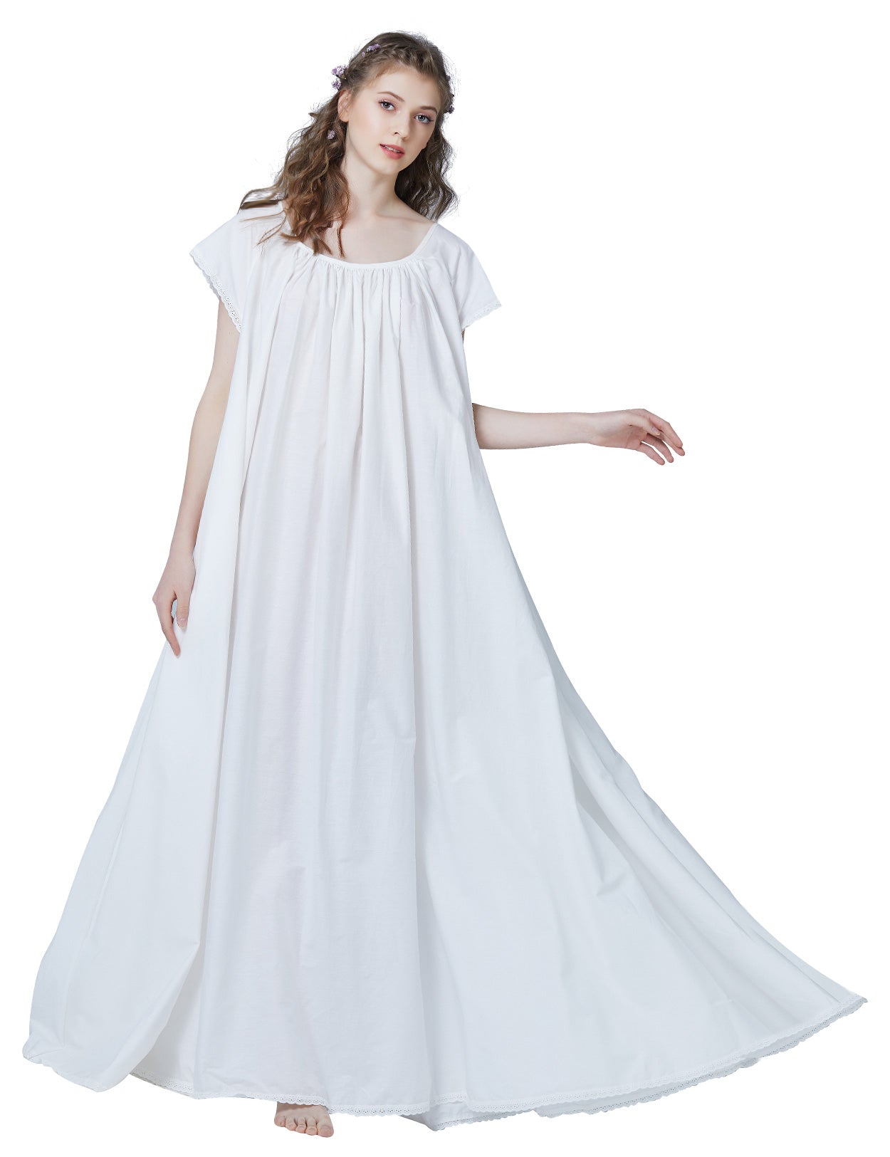 elegant Victorian-style maternity nightgown in soft white cotton with delicate lace trim