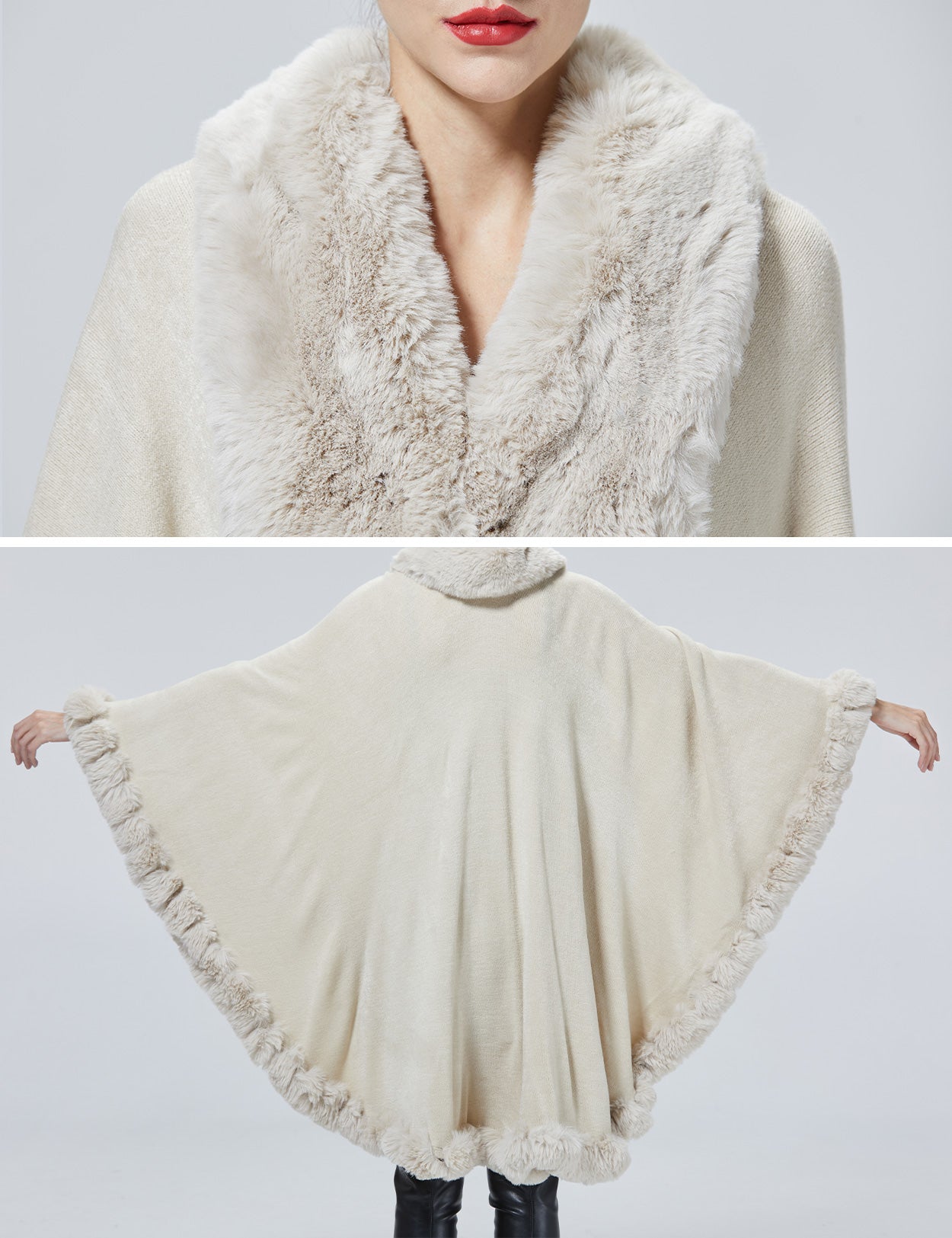 Luxury faux fur knit cape coat for autumn winter weddings details