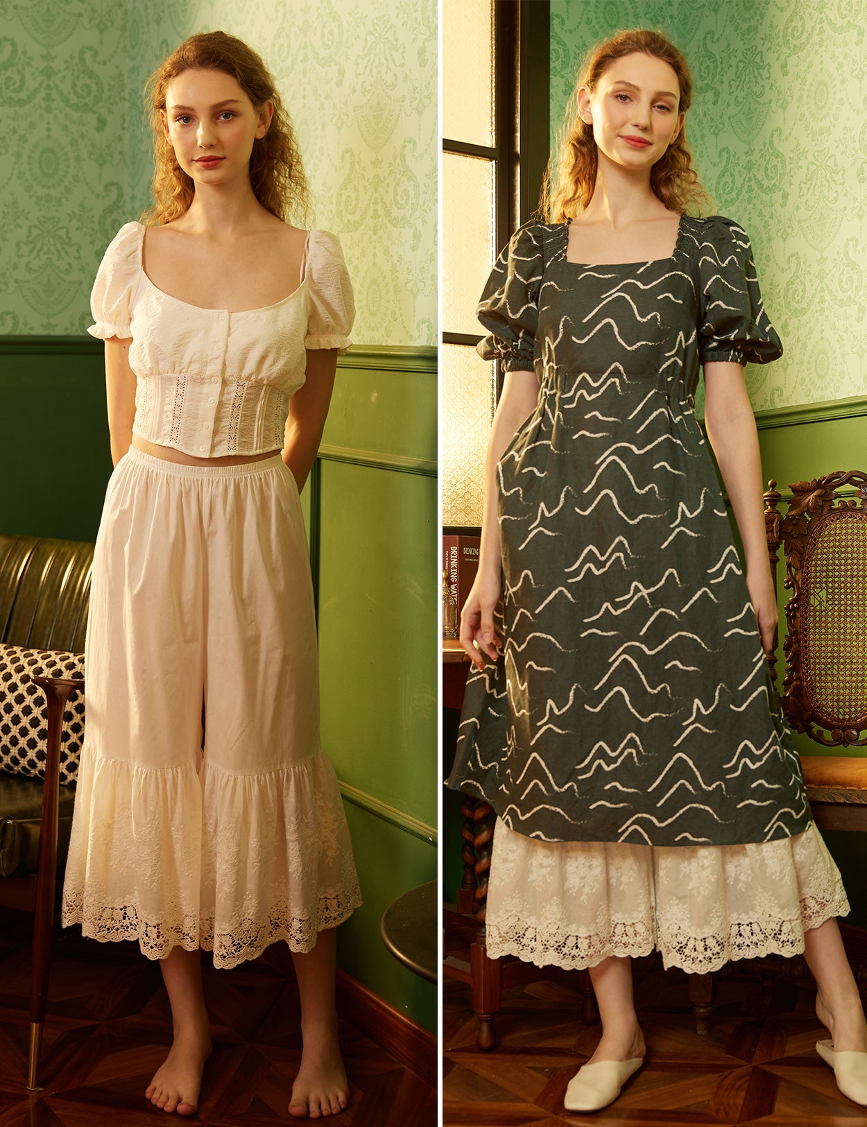 Vintage cotton lace pettipants for women with elastic waist and decorative lace hem