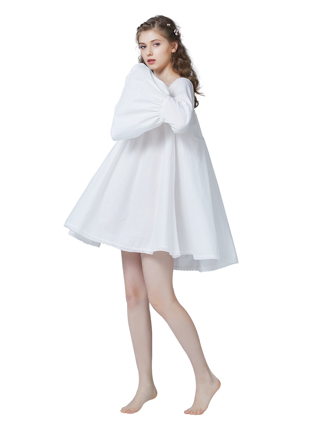 Women's Victorian cotton babydoll nightgown in white, featuring oversized A-line cut with full swing hem
