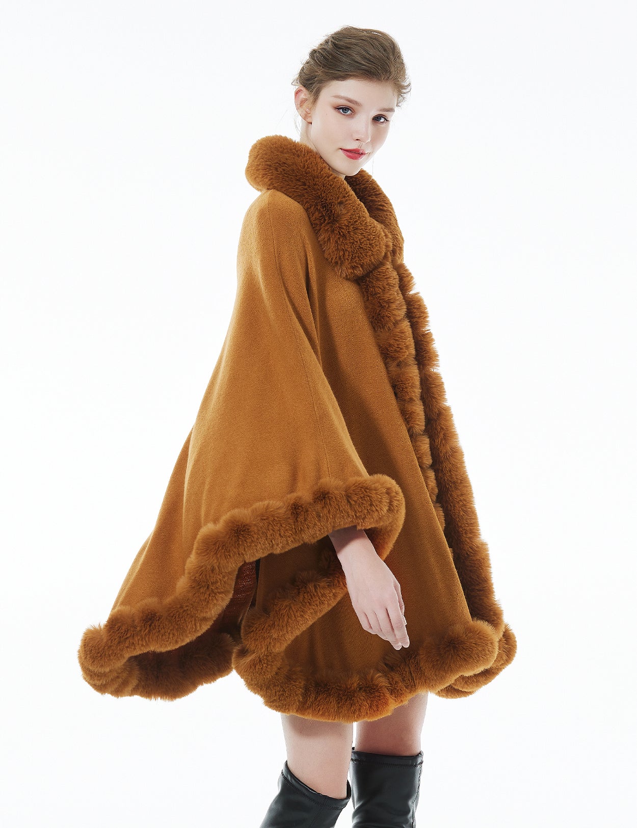 Trendy oversized knit cape coat with hood and faux fur trim