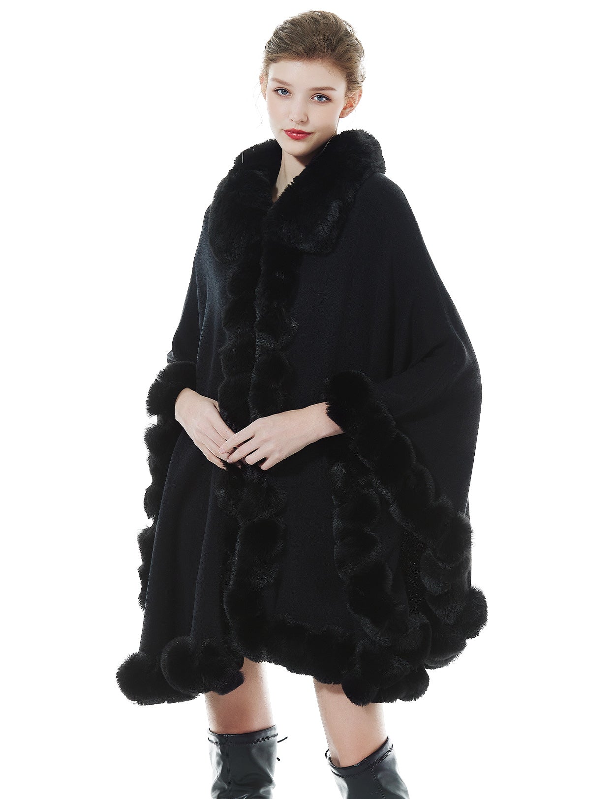 Trendy oversized knit cape coat with hood and faux fur trim