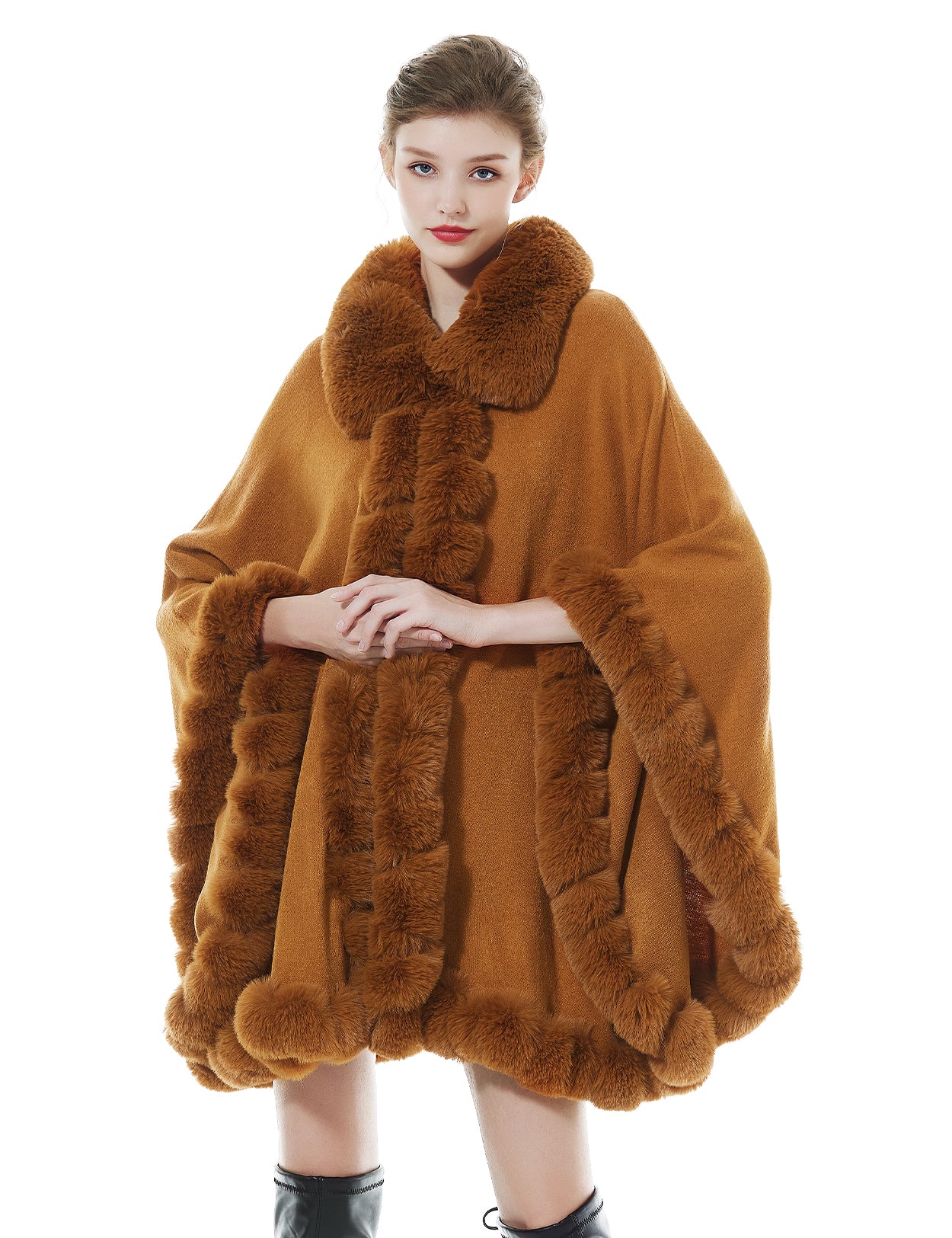 Trendy oversized knit cape coat with hood and faux fur trim