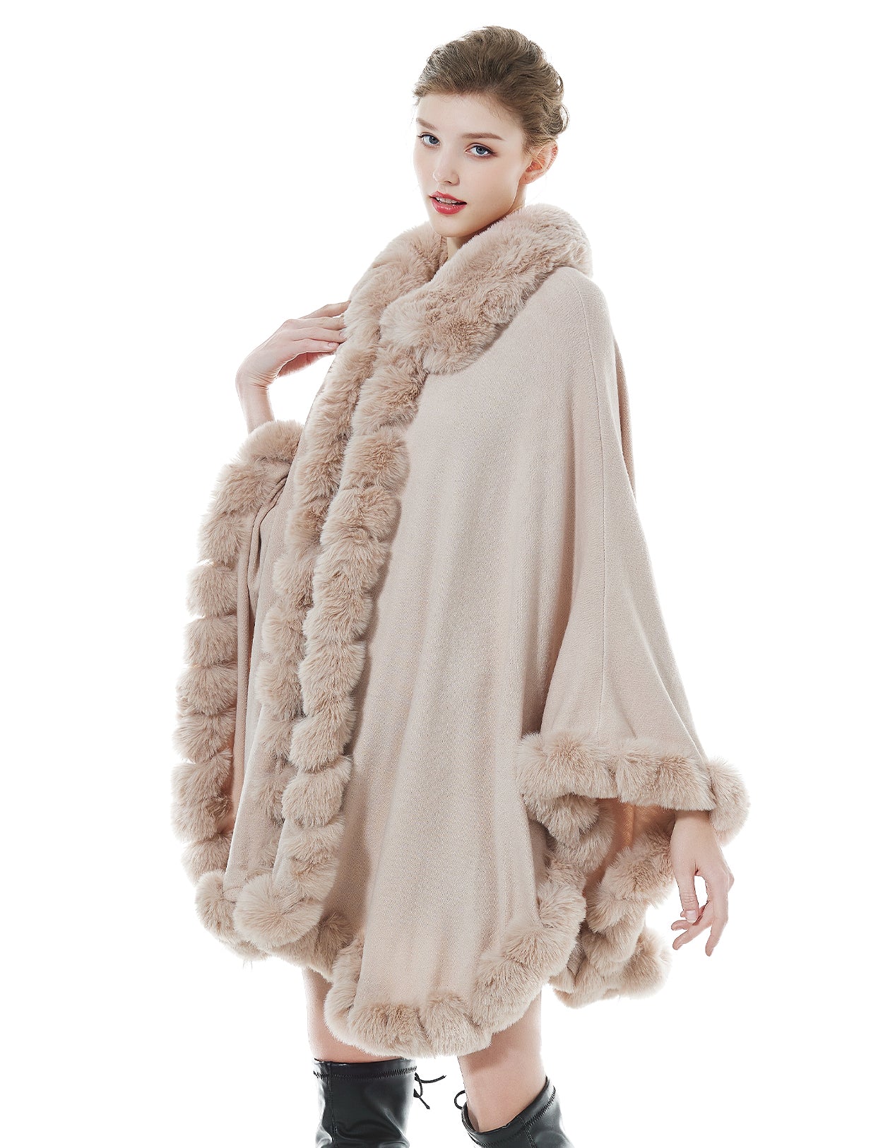 Trendy oversized knit cape coat with hood and faux fur trim