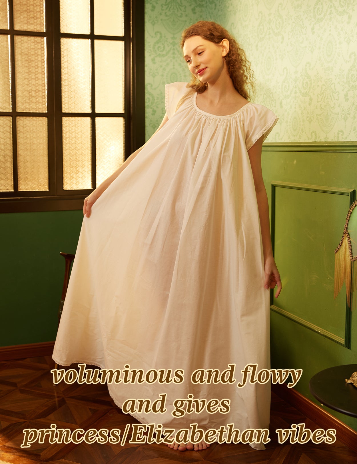 Victorian maternity nightgown showing intricate lace embellishments and quality cotton fabric texture