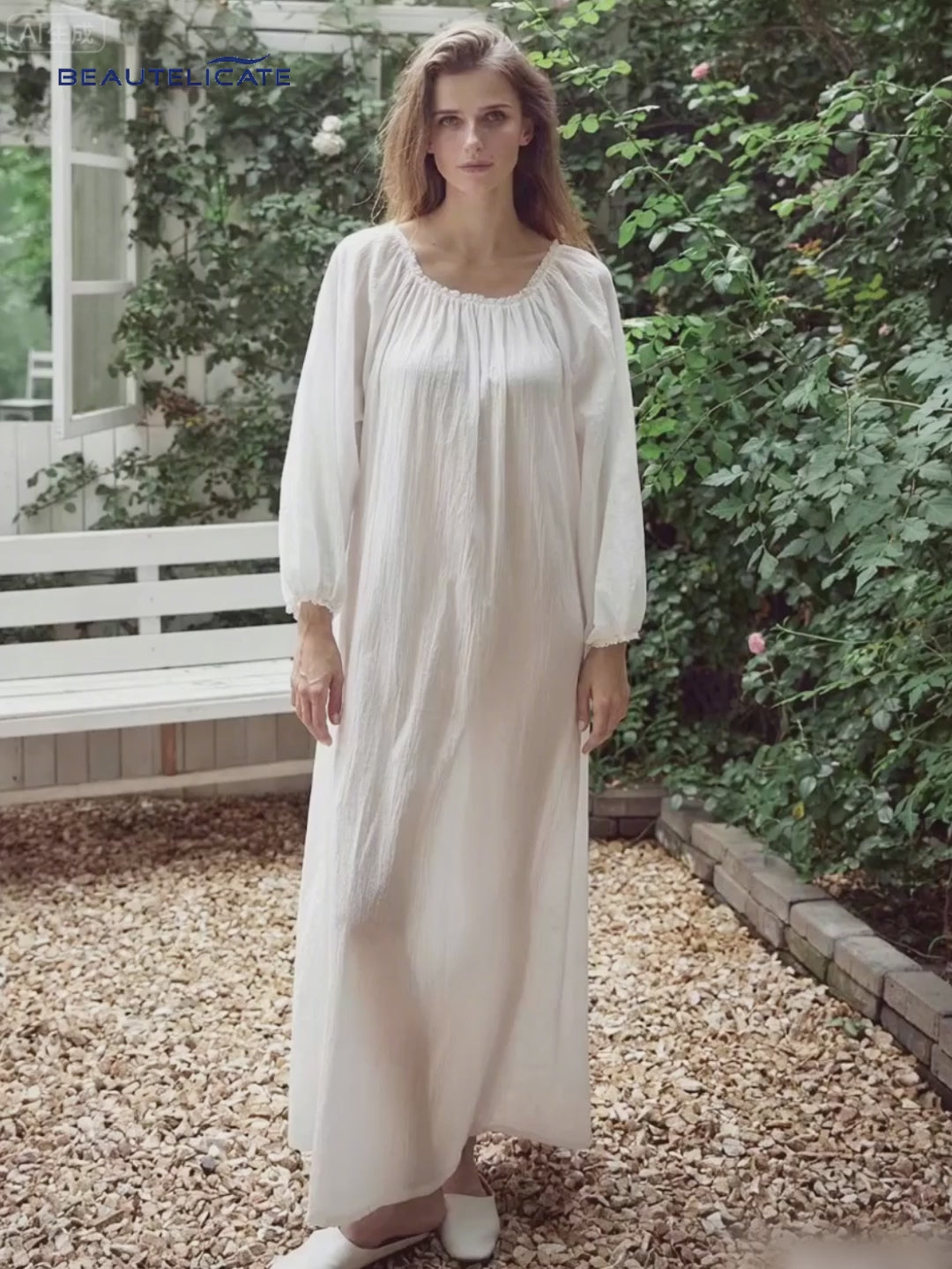 Elegant white Victorian nightgown with long sleeves and delicate lace trim
