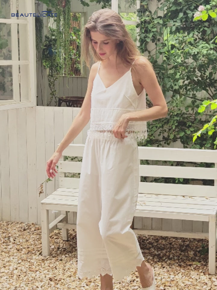 Women's Victorian Lace Trim Cotton Pettipants in white featuring elegant lace detailing and comfortable elastic waistband