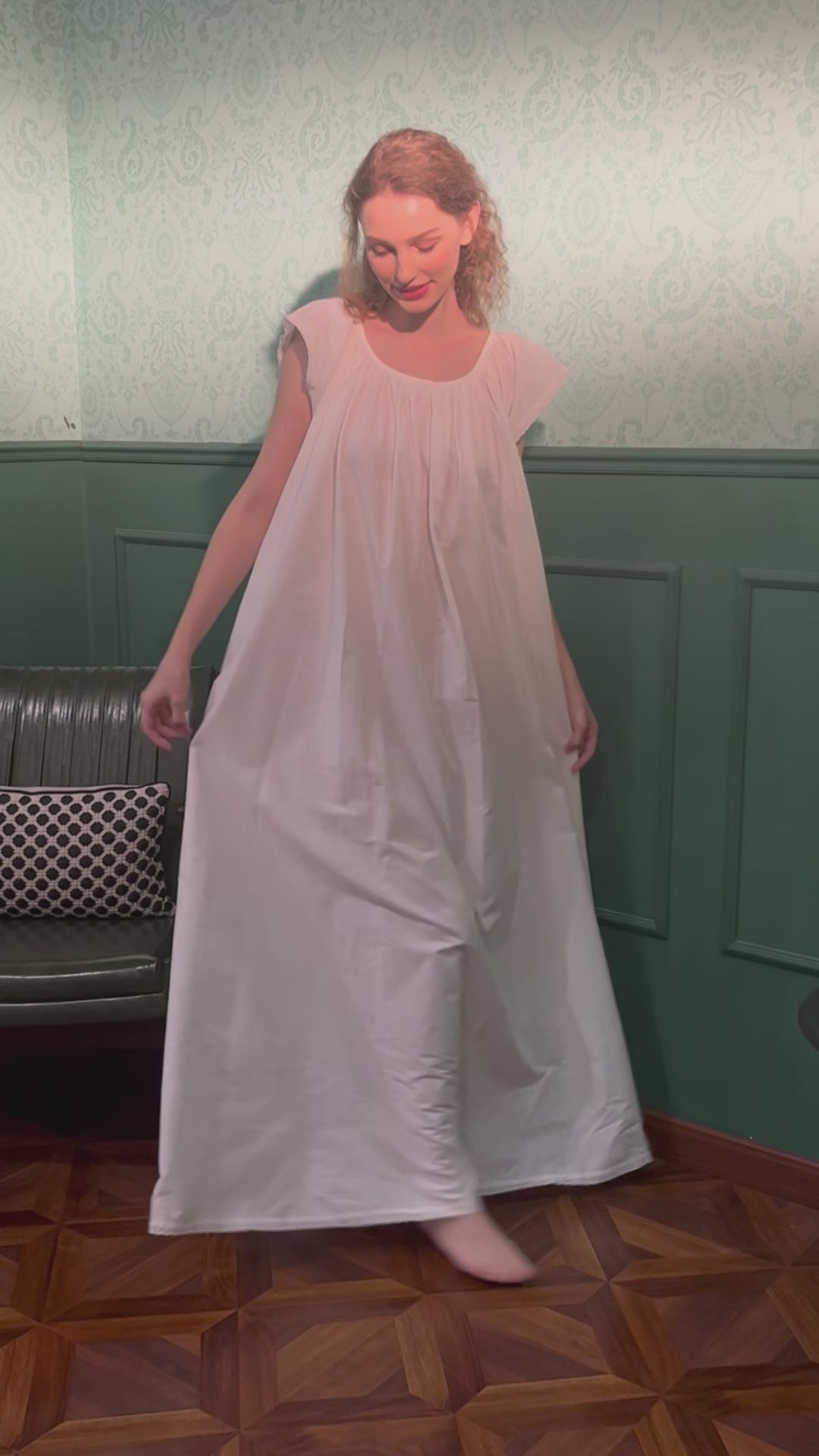 Victorian-style maternity nightgown in soft white cotton