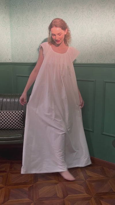 Victorian-style maternity nightgown in soft white cotton