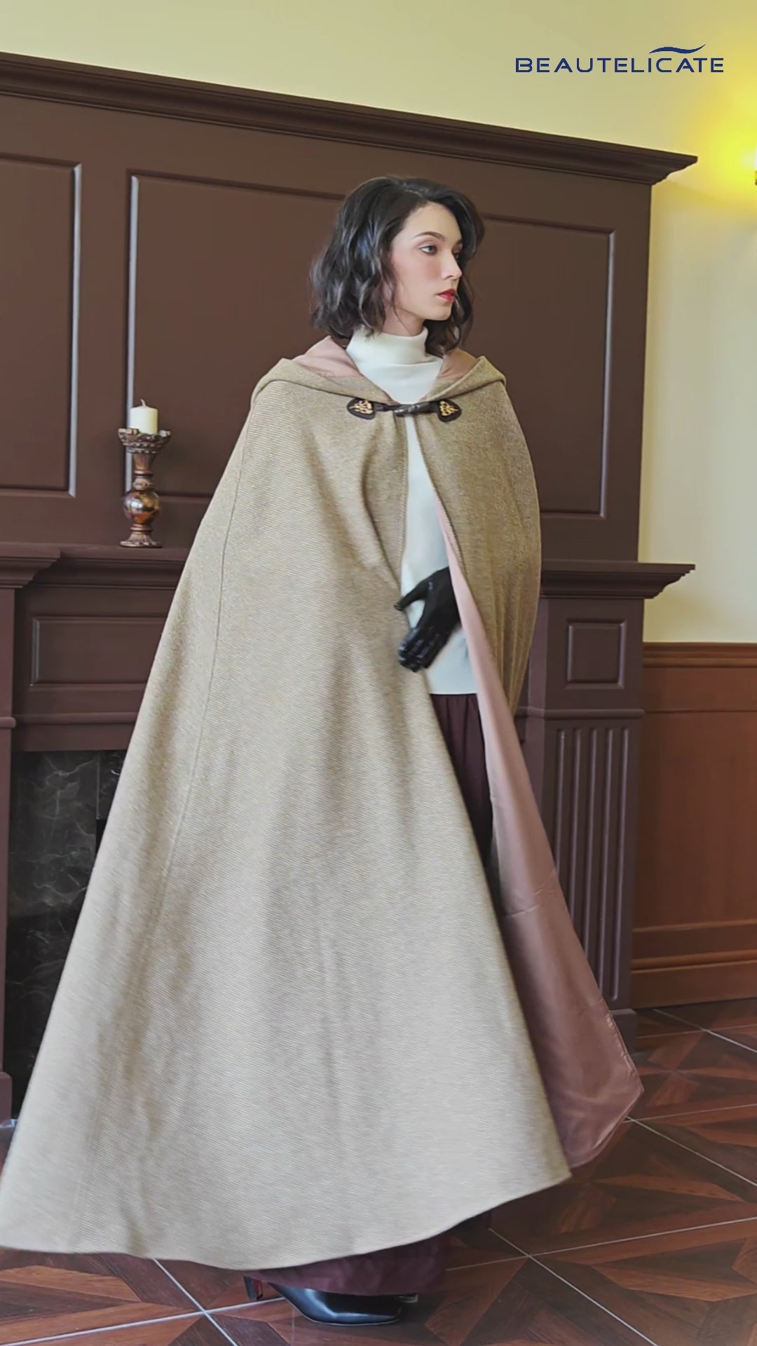Women's medieval hooded cloak, showing full 55-inch length and vintage horn buckle closure