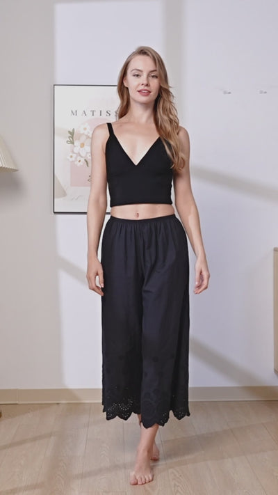 Vintage cotton cropped sleep shorts pettipants with delicate lace edge trim in black color