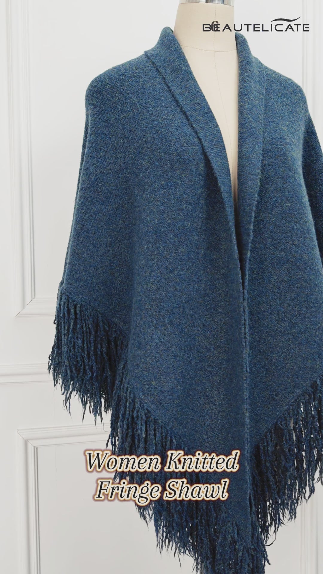 Wool blend knitted shawl with fringe detail - cozy blanket wrap for women