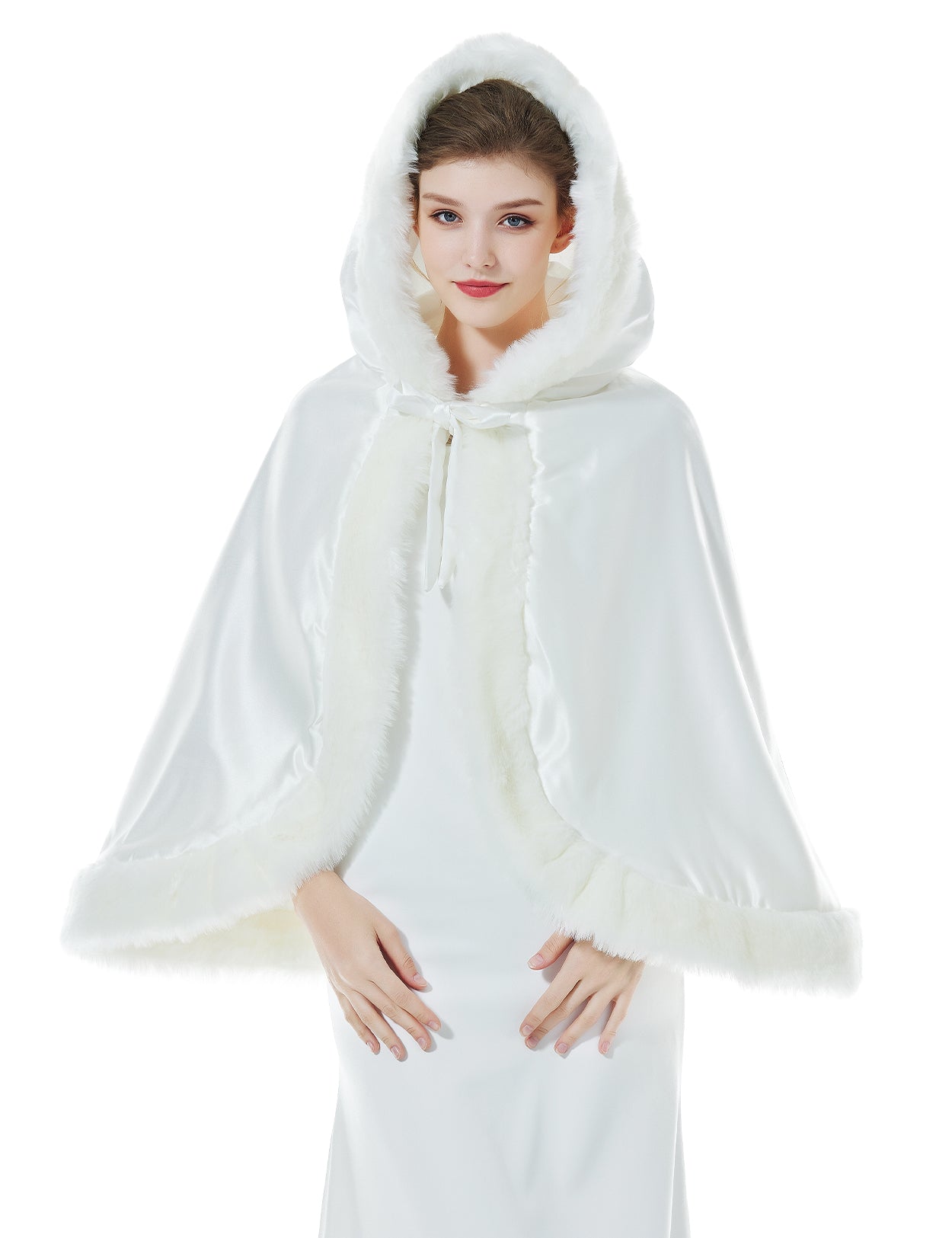 Elegant reversible bridal cape with hooded design and luxurious fur trim - front view