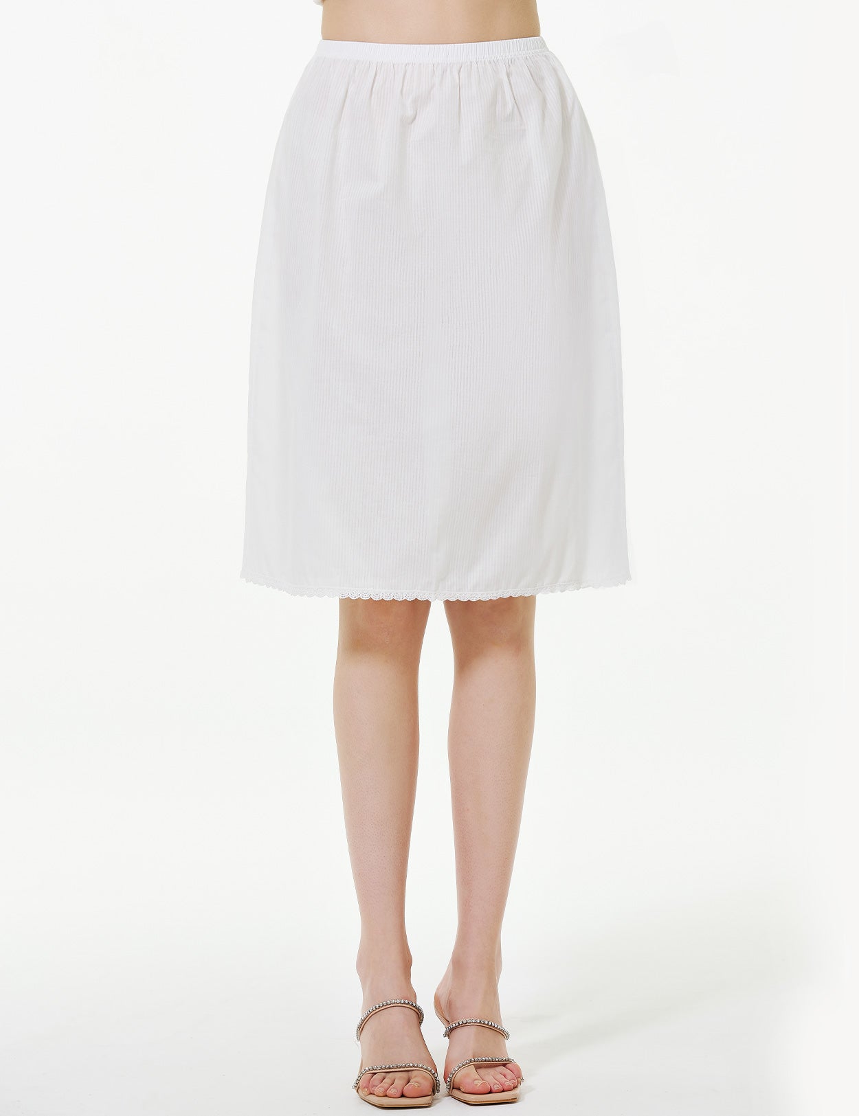 Women's 100% Cotton Half Slip with Lace Trim & Elastic Waist (White)