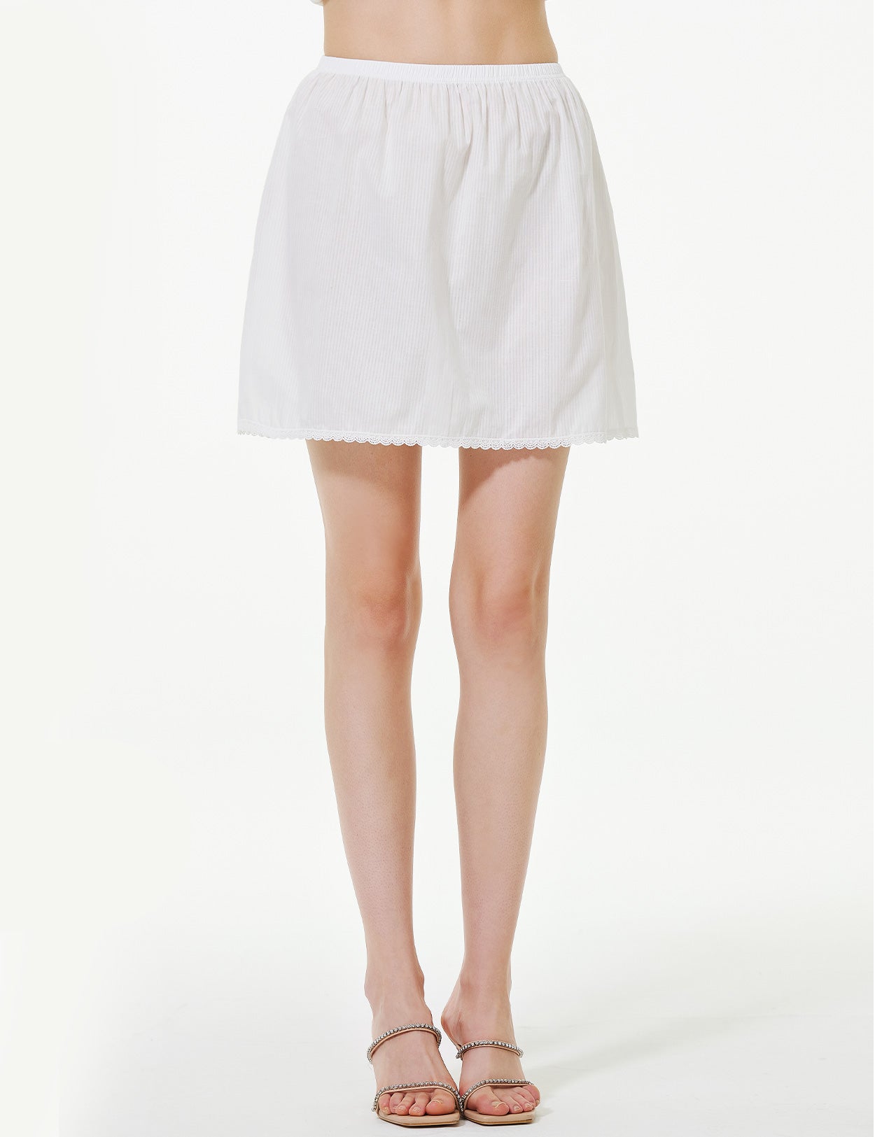 Women's 100% Cotton Half Slip with Lace Trim & Elastic Waist (White)