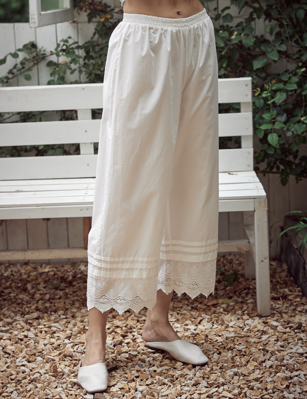 Women's Victorian Lace Trim Cotton Pettipants in white featuring elegant lace detailing and comfortable elastic waistband