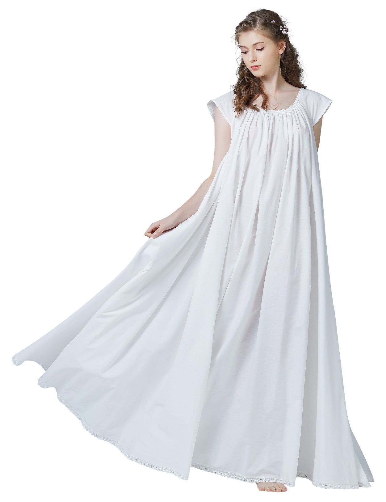 Long oversized Victorian maternity cotton nightgown in white with lace trim, front view showing U-neck design and flowing A-line silhouette