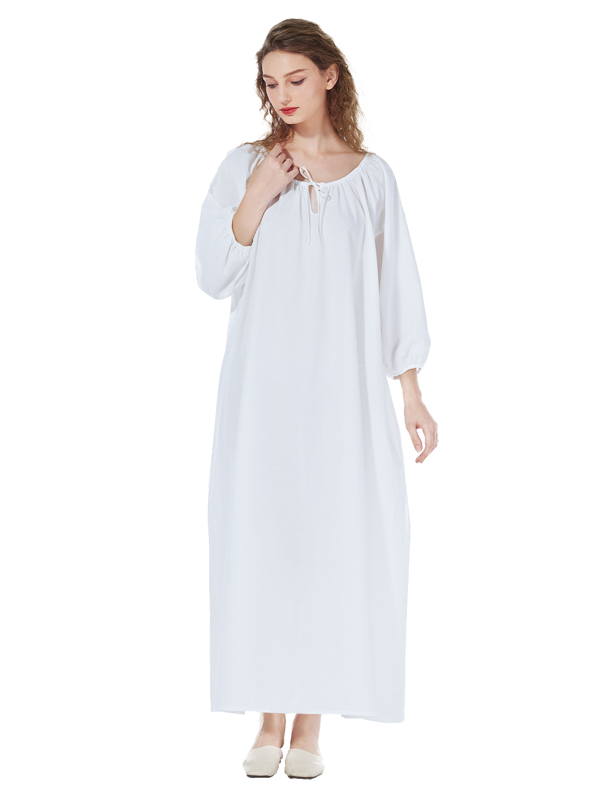 White Victorian maxi nightgown with long trumpet sleeves made from 100% cotton