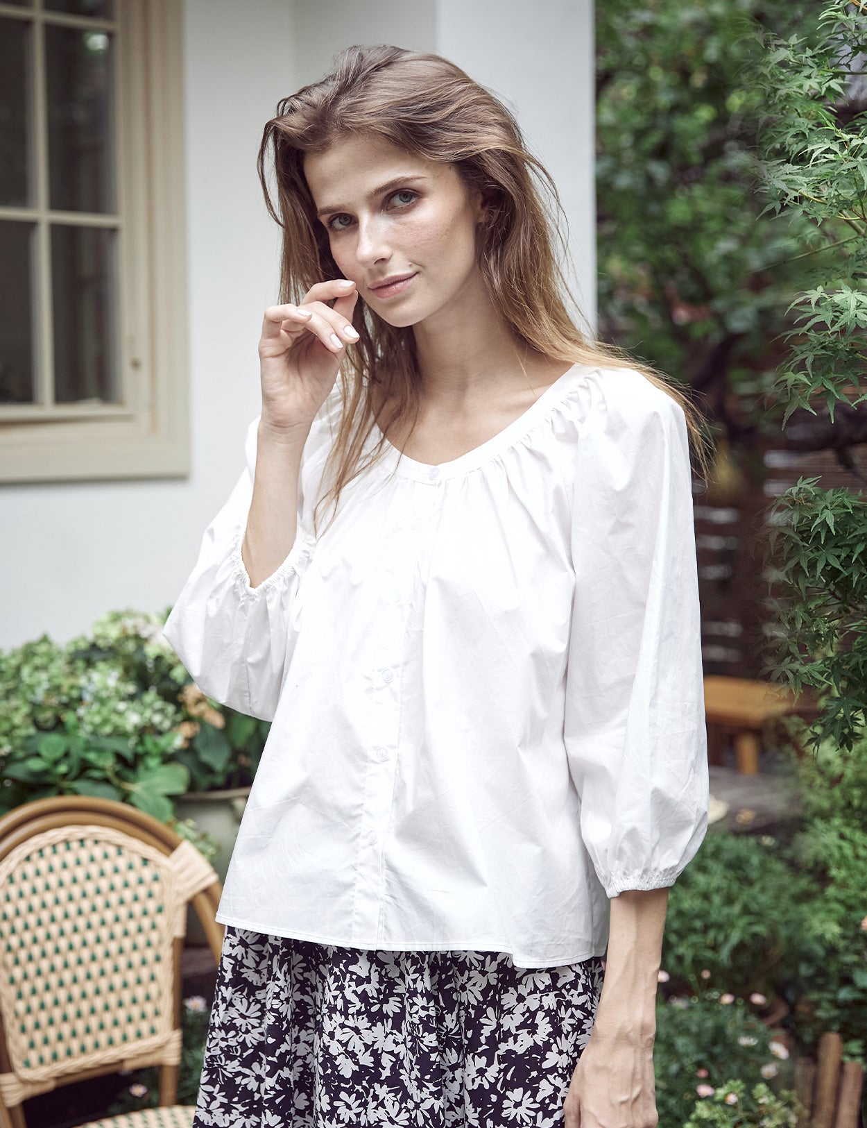 Victorian cotton blouse with 3/4 balloon sleeves in off-white color, showing elegant vintage-inspired design
