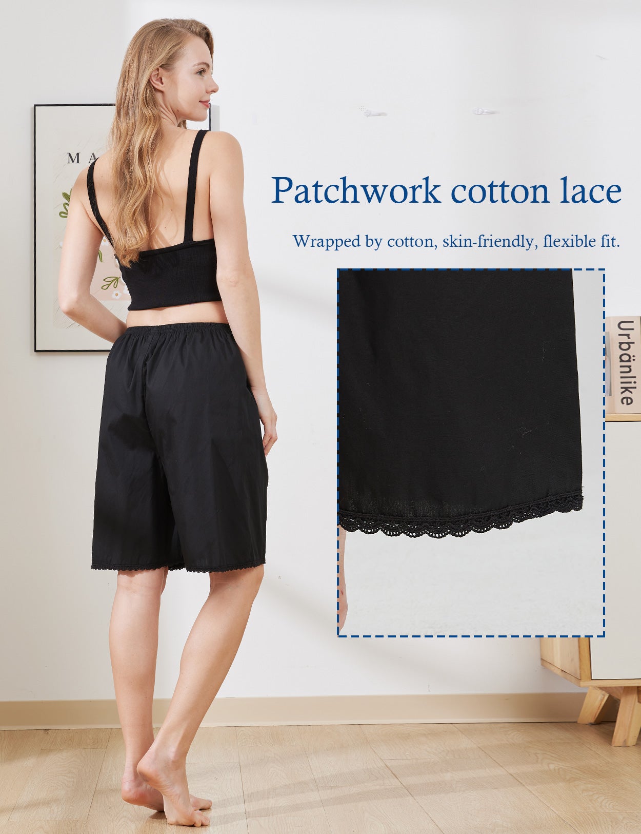 Close-up detail of cotton pettipants showing lace trim