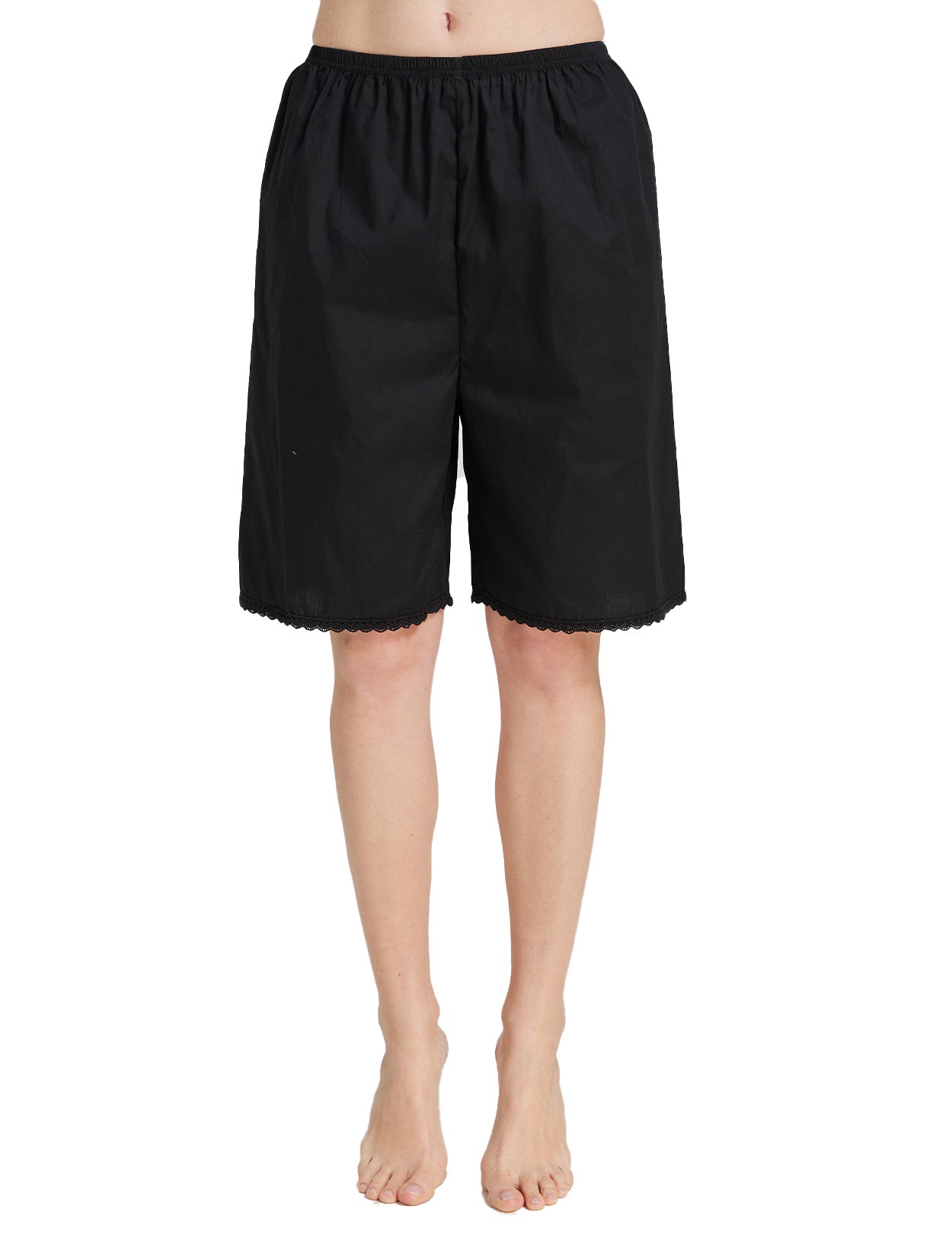 Women's black short cotton pettipants with delicate lace trim, loose comfortable fit